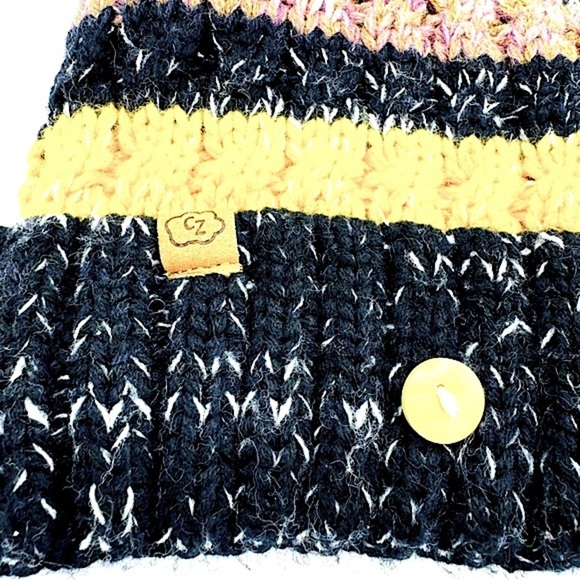 Cozy Zone Black Furball Beanie Pom Pom‎ Colorful Stripes, O/S - Picture 3 of 6